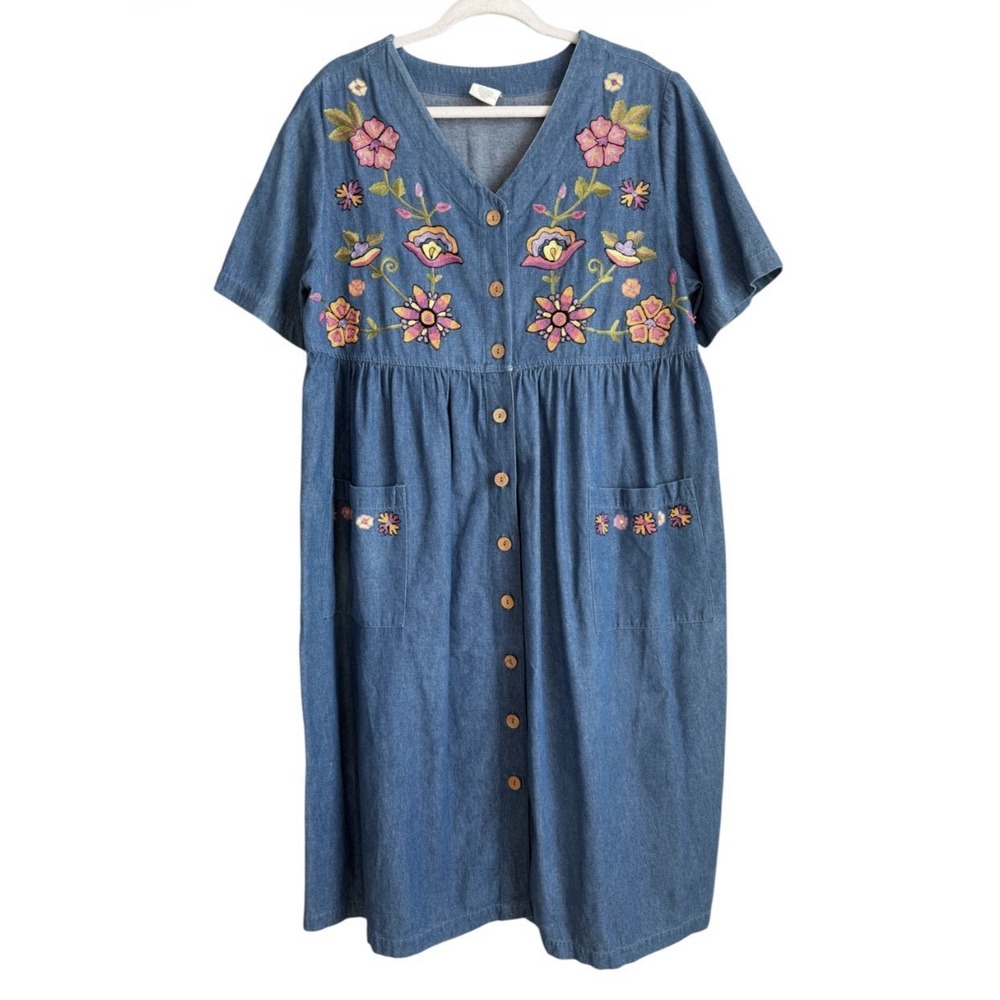 Vintage Embroidered Denim Dress Bechamel Button Front Cottagecore Grandma Core L